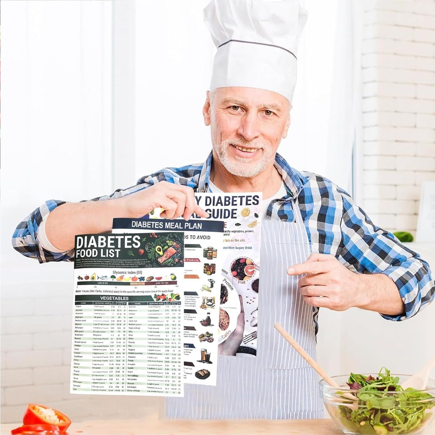 📋 3 Pcs Diabetes Food List & Meal Planner - Low GI Foods, Calories, Glycemic Index, and Vitamin Chart Recipes Nutrition Guide for Type 1 & 2 diabetes management Workbook