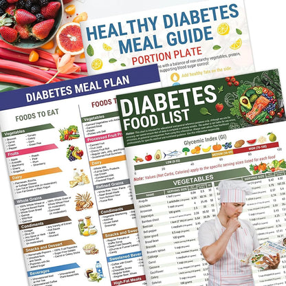 📋 3 Pcs Diabetes Food List & Meal Planner - Low GI Foods, Calories, Glycemic Index, and Vitamin Chart Recipes Nutrition Guide for Type 1 & 2 diabetes management Workbook